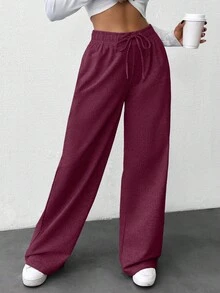 SHEIN Women Solid Color High Waist Straight Pants - Burgundy - View 3