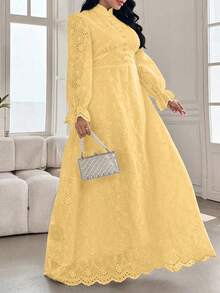 Modelyn Plus Size Women French Style Mandarin Collar Embroidered Puff Sleeve Dress - Yellow - View 6