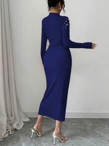 Elenzga Handmade Beaded Pleated Slit Dress For Women - Navy Blue - View 2