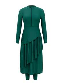 Swim Mulvari Đầm suông dài tay xếp ly màu trơn đơn giản dành cho nữ - Màu xanh lá cây đậm - Xem 7