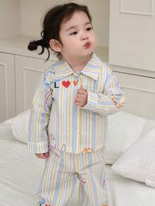 DAZY 2件套女婴休闲条纹领蝴蝶结卡通印花衬衫和裤子睡衣套装 - 米色 - 查看 4