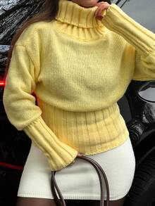 NegzBox Suéter de cuello alto de punto grueso acanalado para mujer, color amarillo, manga larga, otoño/invierno - Amarillo - Ver 3