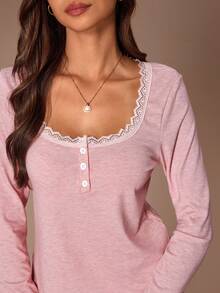 Lazeform Women's Lace Trim Square Neck Knit Long Sleeve Pajama Set - Pink - View 5