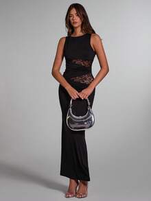 ATUI Studio Women's Black Elegant Lace Stitching Sincere Long Dress,Elegant Women Dresses,Party Women Outfits,New Years Women Dress,Black Women Dresses,New Years Women Outfit,New Year Party Dress - Black - View 4