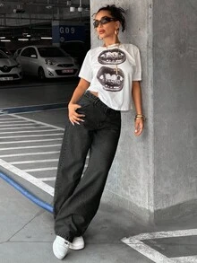 EURMUSE 90'S LOW WAIST BABY BLUE BAGGY LOOSE STRAIGHT LEG JEAN - Dark Grey - View 7