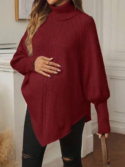 SHEIN Poncho de suéter de cuello alto de unicolor casual de maternidad, otoño/invierno
