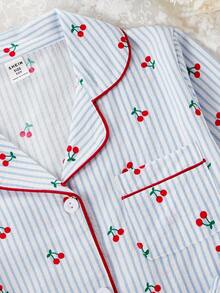 Genkimix Kids School Girl Pajamas - Cute Cherry Print Long Pants And Cardigan 2 Pieces Casual Loungewear Set For Tween Girls Cherry Pajama Set - Multicolor - View 6