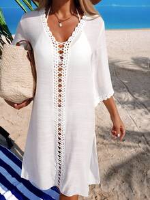 Swim Lushoire 女士性感V领开衩宽松甜美轻盈梭织纯色手工花卉镂空拼接沙滩比基尼罩衫 - 白色 - 查看 6