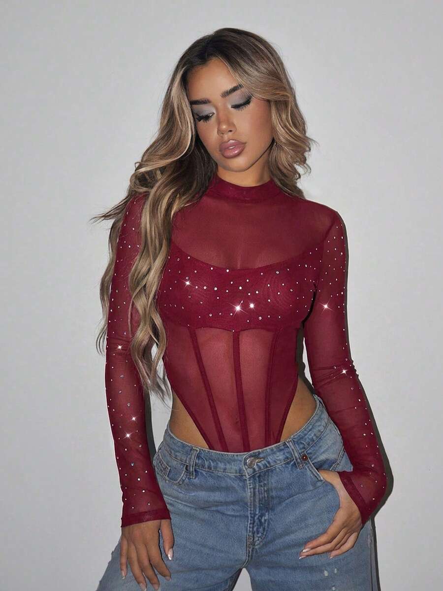 SHEIN ICON Mock Neck High Cut Mesh Black Bodysuit