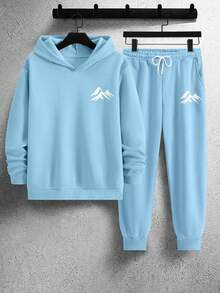 Manfinity Homme 2pcs Men's Mountain Landscape Print Casual Sweatshirt And Sweatpants Set, Fall/Winter Men Clothes - Baby Blue - View 3