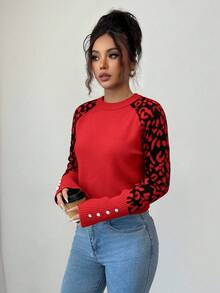 Elenzga Women's Fashionable Leopard Print Patchwork Pearl Button Raglan Sleeve Fitted Knit Sweater - Red - View 4