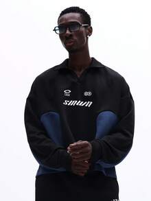 SUMWON Loose Fit Long Sleeve Panelled Polo Shirt With Contrast Color Blocking Design For Casual Everyday Wear - Black - View 5