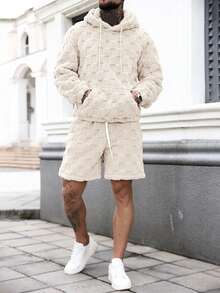 Manfinity Homme 男士华夫格纹抓绒连帽衫+抽绳松紧腰带口袋短裤套装 男士针织套装 男士套装 米色男装 男士两件套 春秋男士套装 男士两件套 男士毛绒格子套装 - 白色 - 查看 4