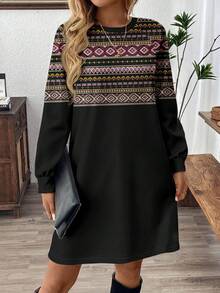 EMERY ROSE Đầm ngắn tay dài cổ tròn họa tiết hình học dành cho nữ, thích hợp cho mùa xuân và các dịp thường ngày. - trắng - Xem 2