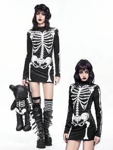 ROMWE Goth 哥特式骷髅印花黑色丝绒迷你连衣裙（女款） - 黑色 - 查看 1