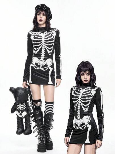 Gothic Skeleton Print Black Velvet Mini Dress For Women