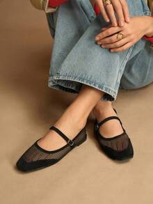 Rosivie Mocasines casuales de mujer con diseño de hebilla y punta cuadrada - Negro - Ver 1