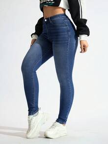 Flexra Plus Size Women High Waist Slim Fit Casual Jeans - Dark Wash - View 6