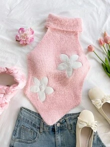 Soleia Casual High Neck Sleeveless Asymmetrical Hem Fitted Knit Vest