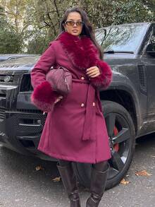 NegzBox Women Plain Front Button Pocket Furry Trim Minimalist Long Sleeve Coat In Fall/Winter - Burgundy - View 6