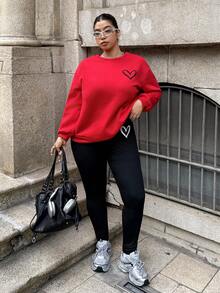 Muchica 2pcs Plus Size Loose Fit Crew Neck Drop Shoulder Long Sleeve Heart Pattern Casual Pullover Sweatshirt Set Valentine's Day - Red - View 1
