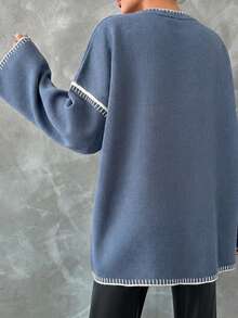 Women's Casual Drop Shoulder Long Sleeve Sweater, Autumn/Winter - Dusty Blue - View 2