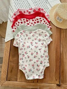 SHEIN LMoss Kids 5件套新生女宝宝可爱针织花卉波点卡通印花短袖连体衣，夏季 - 彩色 - 查看 2