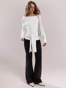 SHEIN BAE 1件女士优雅露肩纯色长袖扭结前襟毛衣 - 白色 - 查看 4