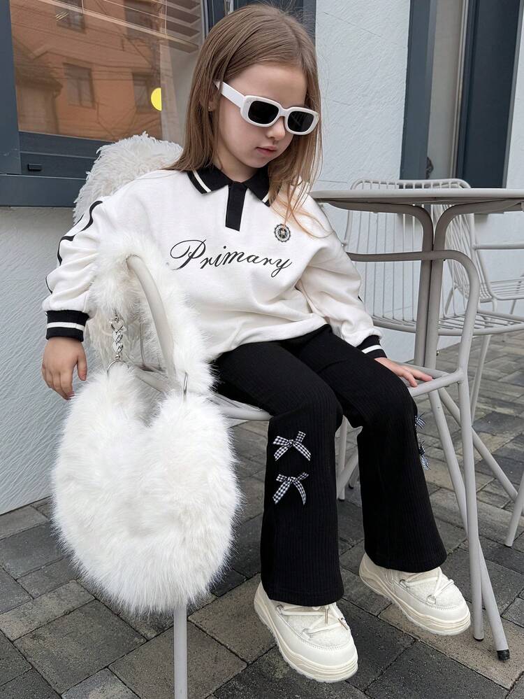 Young Girls Solid Color Casual Bow Decor Korean Style Pants