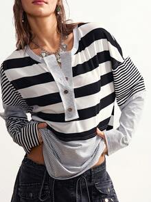 Bohemela 波西米亚风秋冬女式复古休闲基础款条纹拼接长袖T恤，西部乡村风格，适合度假、日常穿着、返校季、圣诞节、新年、情人节等场合。 - 彩色 - 查看 3