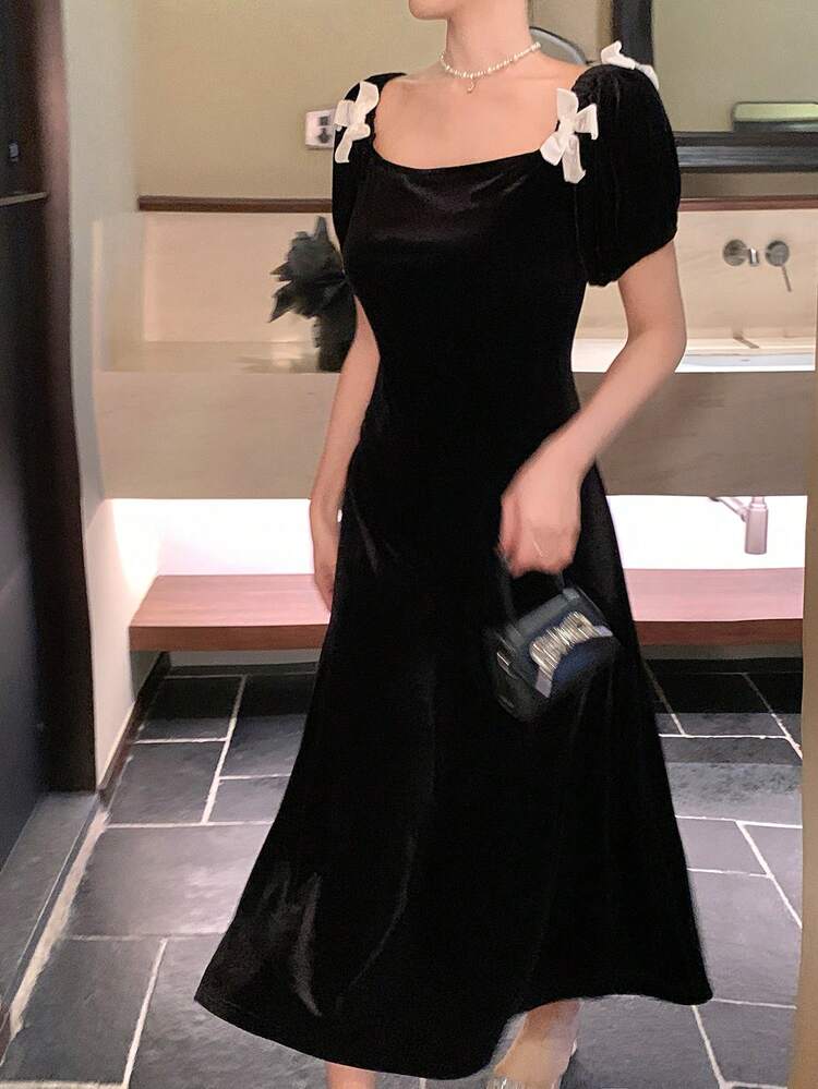 Women's Velvet Off-Shoulder Bow Tie Korean Style Dress Spring Maxi Dress Sundress