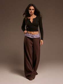 SHEIN ICON 女士波点印花宽松阔腿休闲裤 - 咖啡棕 - 查看 7