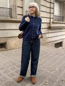 Vivie Lora Women's Contrast Color Frill Trim Single-Breasted Casual Outdoor Long Sleeve Knit Cardigan, Autumn/Winter - Navy Blue - View 3