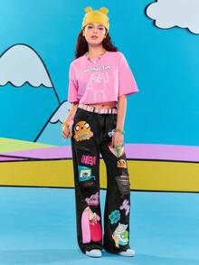 Adventure Time X ROMWE Women Casual Ripped Cartoon Graphic Loose Fit Jeans - Grey - View 5