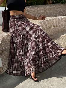 Livesso Loose Casual Vacation Fashion Brown Plaid Contrast Color Block Bohemian Street School Style High Waist Women Skirt, Spring/Summer - Brown - View 2