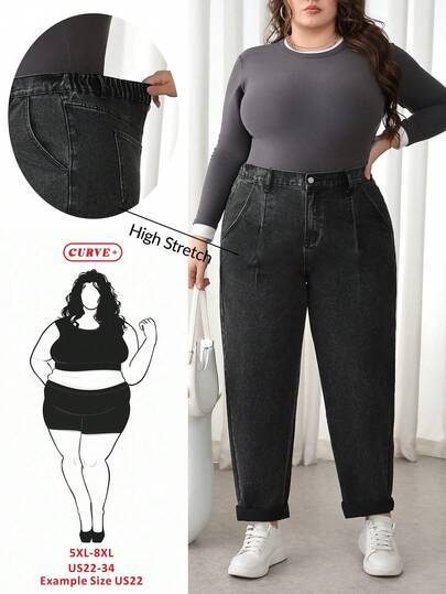 SHEIN CURVE+ Plus Size Autumn Casual Washed Slant Pocket Tapered Jeans Black Winter Spring Christmas New Year Thanksgiving Commuting Vacation Graduation Chic Y2k Cute Streetwear Party Wedding Elegant Business Casual Woman 5XL-8XL Plus Size Pants Tapered Jeans Curve Friendly Jeans Women's Elastic Waist Jeans High Stretch Tapered Jeans Everyday Curvy Pants Minimalist Jeans Women