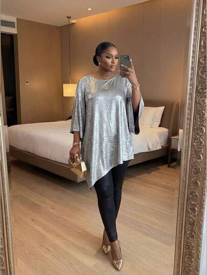 SHEIN Lady CURVE Plus Size Women Solid Metallic Round Neck 3/4 Sleeve Loose Asymmetric Hem Elegant Blouse Women Outfit Thermal Winter Outfits Valentine's Day New Year Party Women Clothes Long Sleeve Dress Valentine's Day New Year Party Women Dress Gold Mini Skirt Gold Skirt Thanksgiving Dress New Year Eve Dress Holiday