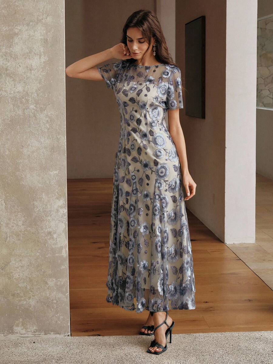 Anewsta Rochie elegantă pentru femei, cu paiete brodate, cu coadă de pește, ocazie formală, petrecere, sărbătoare, luxoasă și grațioasă - Gri deschis - Vizualizare 1