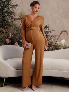 SHEIN Elegant Solid Color Twist Jumpsuit For Pregnant Women - Brown - View 7