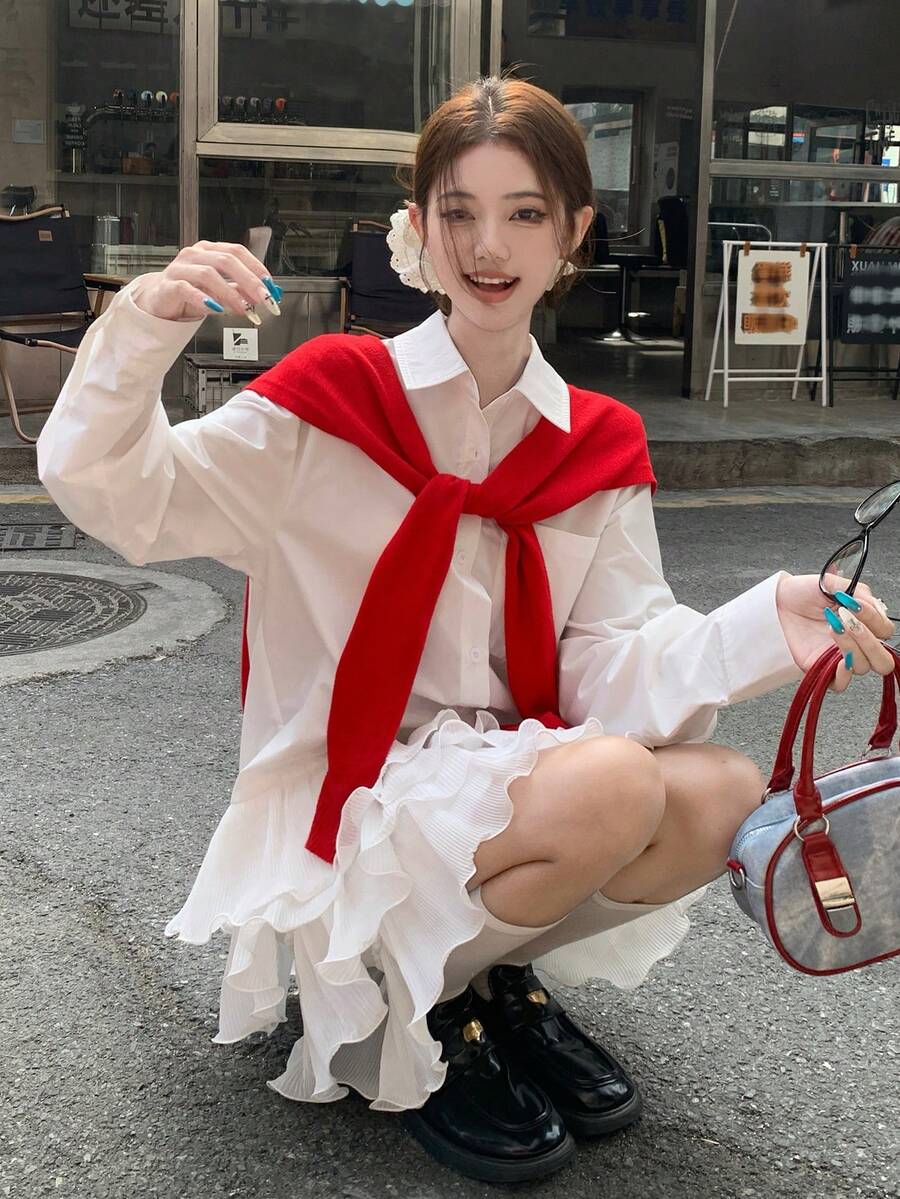 DAZY 女士翻领荷叶边下摆长袖衬衫 - 白色 - 查看 1