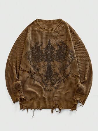 Grunge Punk Pull à manches longues décontracté et polyvalent à porter au quotidien, avec col rond et motif d'aile déchiré. Automne/Hiver