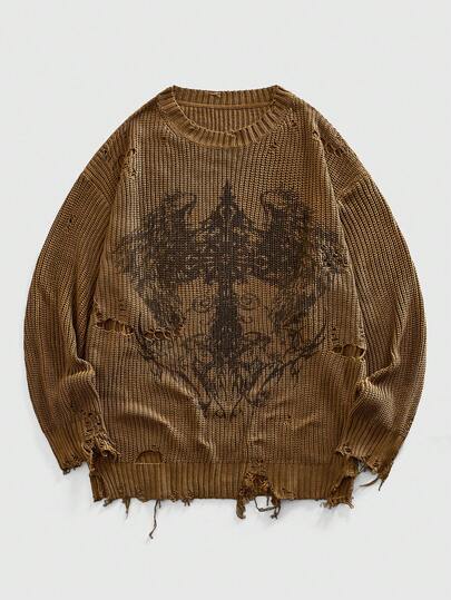 Grunge Punk Jersey de manga larga con cuello redondo, diseño de alas y efecto desgastado, versátil para uso diario, otoño/invierno