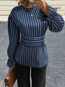 Siren Gaze Autumn/Winter New Casual Commuter Striped Waist Shirt Stripe Shirt Spring - Navy Blue - View 5