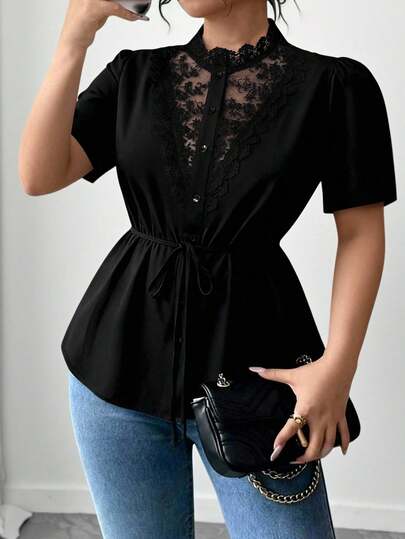 Elenzga Plus Size Women Fashion Casual Front Open Floral Lace Patchwork Short Sleeve Cardigan Blouse, Versatile For Commuting And Daily Wear, All Seasons