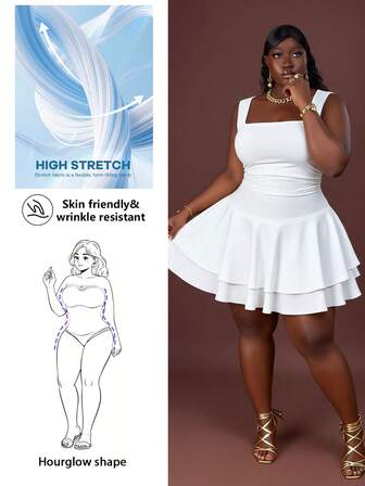 CurvyTilda Nouvelle arrivée printemps/été 2025 Robe mini blanche sans manches multicouche, décontractée, romantique, de base, de rue, de tous les jours, sexy, élégante, de fête, de boîte de nuit, grandes tailles