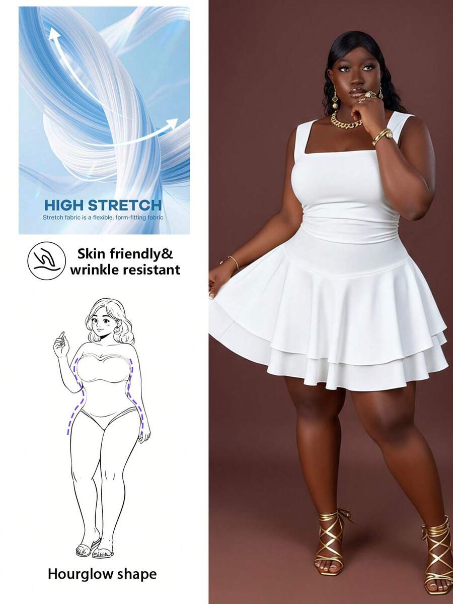 CurvyTilda 2025 春夏新品度假休闲浪漫基本街头日常性感优雅通勤派对夜店纯白色无袖分层迷你连衣裙，加大码 - 白色 - 查看 1