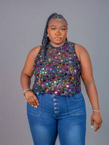 CurvyTilda Top sin mangas elegante y cómodo de talla grande para mujer, con lentejuelas brillantes y coloridas, transparente y sexy, para salir, fiestas, festivales, streetwear, con cuentas, verano europeo, conciertos