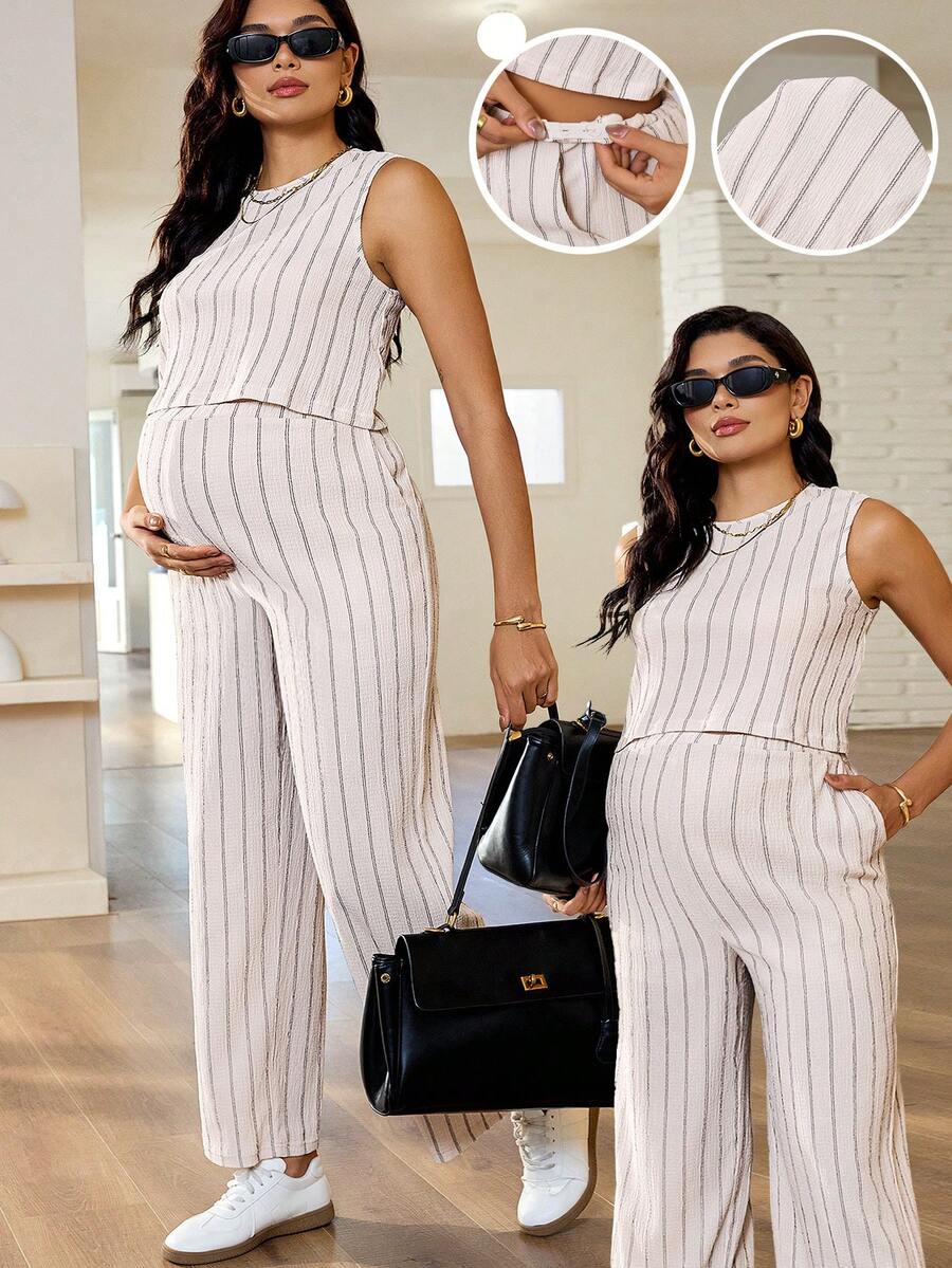 MaterniWear 2 pièces Ensemble casual de débardeur à col rond rayé et pantalon à taille ajustable pour femme enceinte - Nude - Voir 1