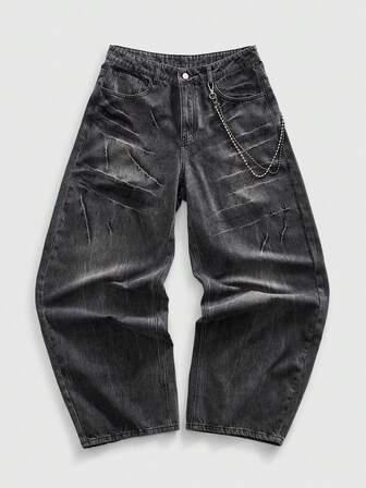 Street Life جينز رجالي واسع الساق مطوي بجيوب باللون الأسود المغسول