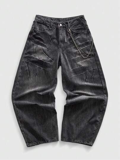 ROMWE MEN Street Life Men's Black Washed Pocket Wide Leg Flared Jeans